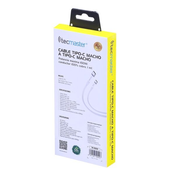 Cable tipo-c macho a tipo-c macho 1mt, 100w – 20v/5a, blanco Tecmaster - Imagen 4