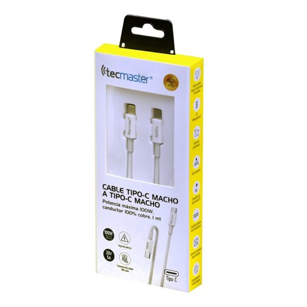 Cable tipo-c macho a tipo-c macho 1mt, 100w – 20v/5a, blanco Tecmaster - Imagen 3
