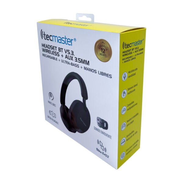 AUDÍFONOS TECMASTER HEADSET BT V 5.3 RECARGABLE, INALÁMBRICO CON AUX 3.5MM - Imagen 4