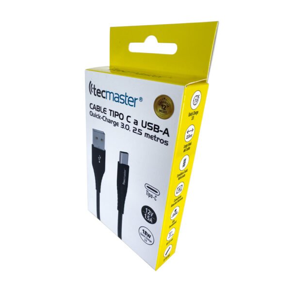 CABLE TECMASTER TIPO-C A USB-A QC 3.0 DE 2.5 MT, COLOR NEGRO - Imagen 3